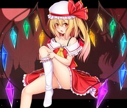  1girl adjusting_clothes adjusting_legwear ascot ass bare_shoulders benitsuki_tsubasa blonde_hair blush breasts cleavage collarbone crystal fang flandre_scarlet full_moon hat hat_ribbon kneehighs long_hair looking_at_viewer mob_cap moon off_shoulder open_mouth panties pantyshot pantyshot_(sitting) puffy_short_sleeves puffy_sleeves red_eyes red_moon ribbon scarlet_devil_mansion shirt short_sleeves side_ponytail single_kneehigh sitting skirt skirt_set solo touhou underwear vest white_legwear white_panties wings 