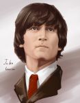  1boy brown_eyes brown_hair character_name closed_mouth collared_shirt dress_shirt enosan face highres john_lennon light_smile lips looking_up necktie original portrait real_life red_necktie shirt upper_body wing_collar 