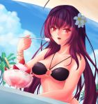  1girl ahsiu blush bracelet breasts fate/grand_order fate_(series) flower food hair_flower hair_ornament highres ice_cream jewelry large_breasts long_hair looking_at_viewer o-ring_bikini o-ring_top open_mouth palm_tree purple_hair red_eyes scathach_(fate/grand_order) solo spoon table tree 