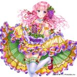  1girl :o armlet bangs bare_shoulders blush bow breasts collarbone company_name copyright_name dress food food_themed_hair_ornament frilled_dress frills fruit garter_straps grape_hair_ornament grapes hair_ornament hair_ribbon jewelry long_hair mary_janes moyon necklace official_art one_leg_raised pink_hair ribbon sangoku_infinity shoes simple_background skirt_hold solo thigh-highs violet_eyes white_background white_legwear yellow_dress 