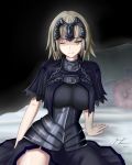  1girl absurdres arm_support armor artist_request blonde_hair breasts fate/grand_order fate_(series) headpiece highres jeanne_alter large_breasts light_smile one_eye_closed pillow ruler_(fate/apocrypha) ruler_(fate/grand_order) short_hair solo thighs 