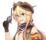  &gt;:d 1girl :d ahoge alternate_costume american_flag american_flag_scarf bandanna blonde_hair blue_eyes breasts cleavage commentary_request cowboy_hat flag_print food food_on_face gloves grin gun hair_between_eyes hamburger handgun hat headgear holding holding_food holding_gun holding_weapon ido_(teketeke) iowa_(kantai_collection) kantai_collection large_breasts long_hair looking_at_viewer open_mouth revision revolver scarf simple_background smile solo sparkle star star-shaped_pupils symbol-shaped_pupils trigger_discipline twitter_username upper_body vest weapon western white_background 