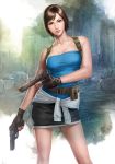  1girl arm artist_request bare_arms bare_legs bare_shoulders black_eyes black_gloves black_skirt breasts brown_hair capcom collarbone dual_wielding female fingerless_gloves gloves gun highres holding holding_gun holding_weapon jill_valentine large_breasts legs lips looking_at_viewer neck outdoors pencil_skirt resident_evil resident_evil_3 short_hair skirt smile solo standing strapless teeth tubetop watch watch weapon 