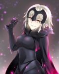  1girl armor blonde_hair cape fate/grand_order fate_(series) grey_background highres jeanne_alter liebe ruler_(fate/apocrypha) ruler_(fate/grand_order) short_hair smile solo yellow_eyes 