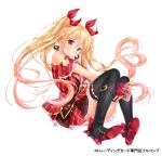  1girl bangs belt black_legwear blonde_hair blush boots bow buckle card doughnut earrings eyebrows eyebrows_visible_through_hair fingerless_gloves food full_body gloves hair_between_eyes hair_bow high_heel_boots high_heels holding jewelry long_hair looking_at_viewer moyon official_art red_bow red_eyes red_gloves sitting skirt smile solo thigh-highs transparent_background twintails very_long_hair 