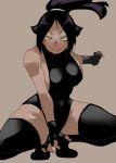  1girl bare_shoulders black_hair black_legwear black_outfit bleach breasts dark_skin fingerless_gloves gloves large_breasts leotard light_smile long_hair looking_at_viewer parted_lips ponytail pose ryu3224 shihouin_yoruichi sideboob skin_tight slit_pupils solo squatting thick_thighs thigh-highs thighs tied_hair yellow_eyes 