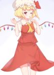  1girl ascot blonde_hair blush cake crystal flandre_scarlet food gradient gradient_background hat highres looking_at_viewer mob_cap puffy_sleeves red_eyes shirt short_hair short_sleeves side_ponytail skirt skirt_set smile solo tongue tongue_out touhou vest wings yanfen 