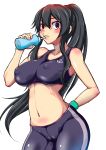  1girl absurdres alternate_costume anchor_symbol bare_shoulders black_hair blush breasts commentary_request erect_nipples highres kantai_collection large_breasts long_hair looking_at_viewer masakichi_(heppouku) navel ponytail red_eyes solo sports_bra sportswear yahagi_(kantai_collection) 