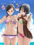  2girls bikini black_hair blue_sky bowl breasts chocolate cleavage clouds earrings food food_themed_clothes fruit gluteal_fold green_eyes green_nails jewelry kiwifruit long_hair lotion mont_blanc_(food) multiple_girls nail_polish navel o-ring_bikini ocean original outdoors pao_(otomogohan) parted_lips ponytail purple_bikini purple_nails ring sarong short_hair side-by-side sky smile strawberry sunscreen swimsuit tan toothpick violet_eyes water wet 