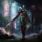  1girl armor black_hair dc_comics katana katana_(dc) mask neon_lights sash scabbard sheath short_hair solo sword walking weapon 