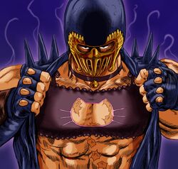  1boy abs bell bell_choker black_bra bra cat_cutout cat_lingerie choker fingerless_gloves frilled_bra frills gloves helmet hokuto_no_ken jagi looking_at_viewer maboroshi_dandy male_focus mask muscle scar solo spikes underwear upper_body 