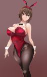  1girl animal_ears bare_shoulders breasts brown_background brown_eyes brown_hair bunny_girl bunnysuit cuffs curvy girls_und_panzer highres large_breasts looking_at_viewer nishizumi_maho rabbit_ears short_hair solo standing thick_thighs thighs webslinger wide_hips 