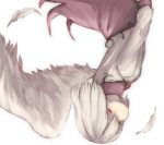  1girl dress feathers highres jacket kishin_sagume koretsuki_aduma long_sleeves looking_at_viewer looking_to_the_side purple_dress red_eyes short_hair simple_background single_wing smile solo touhou upside-down white_background white_hair wings 