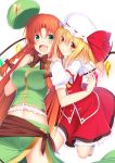  2girls :d ascot benitsuki_tsubasa beret blonde_hair blush bow bowtie braid brown_bow brown_bowtie chinese_clothes crystal fang flandre_scarlet green_eyes hair_bow hat hat_removed hat_ribbon headwear_removed hong_meiling long_hair looking_at_viewer mob_cap multiple_girls navel open_mouth puffy_short_sleeves puffy_sleeves red_eyes red_ribbon redhead ribbon short_sleeves side_ponytail side_slit skirt skirt_set smile touhou twin_braids wings 