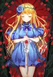  1girl bison_cangshu blonde_hair blue_dress blue_flower character_request closed_eyes dress flower hair_flower hair_ornament holding holding_sword holding_weapon long_hair red_flower solo sword weapon 