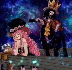  1boy 1girl afro arm_tattoo bare_shoulders black_dress black_hair breasts brook chin_rest cleavage closed_eyes crown dress drill_hair eyelashes flower formal hat hat_flower instrument kumacy late-night-bloomer leaning_forward lipstick long_dress long_hair makeup music one_piece perona pink_hair pink_rose red_lipstick rose sitting skeleton smile strapless strapless_dress stuffed_animal stuffed_toy suit too_many_drills top_hat violin 