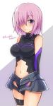  1girl armor armored_dress arms_behind_back bare_shoulders benitsuki_tsubasa black_dress blush breasts cowboy_shot dress elbow_gloves fate/grand_order fate_(series) gloves hair_over_one_eye looking_at_viewer navel purple_hair shielder_(fate/grand_order) short_hair smile solo thigh_strap twitter_username violet_eyes 