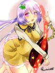  1girl biwa_lute chains flower fujimori_tonkatsu hair_flower hair_ornament highres instrument long_hair low_twintails lute_(instrument) open_mouth purple_hair solo touhou tsukumo_benben twintails violet_eyes 