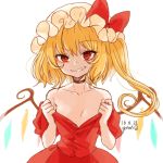  1girl artist_name blonde_hair choker collarbone dated flandre_scarlet gotoh510 grin hat hat_ribbon highres looking_at_viewer mob_cap off_shoulder puffy_sleeves red_eyes ribbon shirt shirt_pull short_sleeves side_ponytail simple_background skirt skirt_set smile smirk solo touhou unbuttoned upper_body white_background wings 