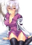  1girl arm_support arms_at_sides black_legwear breasts dress feathered_wings fujimori_tonkatsu hair_between_eyes highres jacket kishin_sagume looking_at_viewer open_clothes purple_dress purple_skirt red_eyes short_hair silver_hair single_wing sitting skirt thigh-highs touhou unbuttoned wings 