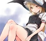  1girl adapted_costume apron arm_at_side black_dress blonde_hair dress frilled_dress frills hair_ribbon hat juliet_sleeves kirisame_marisa light_smile long_hair long_sleeves looking_at_viewer puffy_sleeves ribbon short_dress touhou tress_ribbon umakuchi_shouyu_(into-rain) waist_apron wavy_hair witch_hat yellow_eyes 