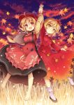  2girls :d aki_minoriko aki_shizuha apple apron arm_up autumn_leaves baku_ph barefoot basket black_ribbon black_shoes black_skirt blonde_hair blush closed_mouth clouds cloudy_sky food frilled_apron frills fruit grapes hair_ornament hand_holding hat highres holding interlocked_fingers leaf leaf_hair_ornament long_sleeves looking_at_viewer maple_leaf multiple_girls open_mouth outdoors peach red_eyes red_skirt ribbon shoes short_hair siblings sisters skirt skirt_hold skirt_set sky smile socks touhou white_legwear yellow_eyes 
