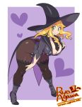  1girl agawa_ryou artist_name ass bent_over blonde_hair breasts cleavage curvy formal full_body green_eyes hat heart huge_breasts large_breasts leaning_forward long_hair looking_at_viewer necktie original pantyhose shoes smile solo standing suit thick_thighs thigh-highs thighs wide_hips witch witch_hat wizard_hat 