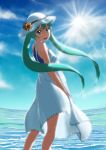  1girl aqua_eyes aqua_hair bare_shoulders dress hat hatsune_miku highres long_hair looking_at_viewer open_mouth parsue sketch sleeveless sleeveless_dress smile solo sun_hat sundress twintails very_long_hair vocaloid water white_dress 