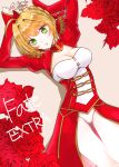  1girl ahoge blonde_hair blush breasts cleavage copyright_name dress epaulettes fate/extra fate_(series) flower frilled_sleeves frills green_eyes juliet_sleeves leotard long_sleeves looking_at_viewer lying on_back parted_lips puffy_sleeves red_dress red_rose rose saber_extra short_hair solo sushimaro 