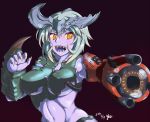  1girl arm_cannon breasts broken_horn cyberdemon cyborg demon_girl demon_horns doom_(2016) doom_(game) fingernails genderswap genderswap_(mtf) green_hair horns large_breasts midriff navel nishiumi_yuuta personification purple_background purple_skin sharp_fingernails sharp_teeth short_hair solo teeth under_boob weapon yellow_eyes 