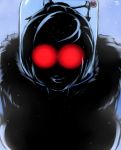  1girl absurdres batman_(series) beads blue_background breasts dc_comics fur_trim glowing glowing_eyes grin hair_ornament hair_stick hairpin highres large_breasts mei_(overwatch) mr._freeze overwatch parody randomboobguy red_eyes shadow silhouette smile snowflakes solo 