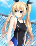  1girl artist_name bare_shoulders blonde_hair blue_eyes blush breasts chain-link_fence competition_swimsuit covered_navel dead_or_alive dead_or_alive_5 fence hair_ribbon highleg highleg_swimsuit keenh long_hair marie_rose one-piece_swimsuit ribbon sideboob signature small_breasts solo swimsuit twintails 