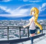  1girl absurdres artist_request blonde_hair blue_sky braid casual clouds fate/apocrypha fate/grand_order fate_(series) highres looking_back ocean ruler_(fate/apocrypha) scenery seaside sky smile solo thigh-highs town violet_eyes 