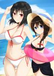  2girls alternate_costume alternate_headwear bare_shoulders bikini black_bikini black_hair blue_eyes braid breasts cleavage clouds cloudy_sky eyebrows eyebrows_visible_through_hair front-tie_top glasses hair_ornament hair_over_shoulder hand_on_head hand_on_hip hat highres kantai_collection large_breasts light_smile long_hair looking_at_viewer multiple_girls navel red_eyes remodel_(kantai_collection) sakikumo_(sakumo) shigure_(kantai_collection) short_hair side-tie_bikini single_braid sky sun_hat sunglasses sunglasses_on_head swimsuit white_bikini yamashiro_(kantai_collection) 