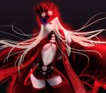  1girl bare_shoulders black_legwear breasts cowboy_shot crown detached_sleeves dress_of_heaven fate/grand_order fate_(series) floating_hair justeaze_lizrich_von_einzbern large_breasts long_hair long_sleeves looking_at_viewer navel pale_skin red_eyes revealing_clothes sleeves_past_wrists smile solo sushimaro thigh-highs twitter_username under_boob white_hair wide_sleeves 