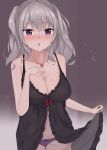  1girl absurdres alternate_costume babydoll bare_shoulders blush breasts chestnut_mouth choker cleavage eyebrows eyebrows_visible_through_hair hand_on_own_chest highres jewelry kantai_collection kashima_(kantai_collection) large_breasts long_hair looking_at_viewer midriff mirai_(mirai76_) necklace open_mouth see-through silver_hair skirt_hold solo sparkle underwear violet_eyes wavy_hair 