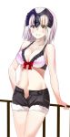  1girl bare_shoulders bikini_top blush breasts cleavage collarbone denim denim_shorts fate/grand_order fate_(series) green_eyes grin jeanne_alter looking_at_viewer navel open_clothes open_shorts ruler_(fate/apocrypha) ruler_(fate/grand_order) shorts silver_hair smile solo standing white_background yuge_(yuge_bakuhatsu) 