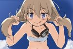  1girl :p bikini blonde_hair blue_eyes carla_j_luksic goggles long_hair makaze_(t-junction) solo strike_witches swimsuit tongue tongue_out twintails 