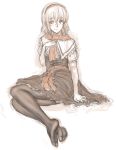  1girl alice_margatroid arm_support black_legwear blonde_hair capelet dress feet female full_body hairband highres kuro_suto_sukii legs looking_at_viewer pantyhose partially_colored short_hair sitting sketch smile soles solo spot_color toes touhou white_background yokozuwari 