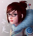  1girl artist_name bangs beads black-framed_eyewear black-framed_glasses brown_eyes brown_hair character_name closed_mouth coat fur-lined_jacket fur_trim glasses hair_bun hair_ornament hair_stick hairpin jacket lips lipstick long_sleeves looking_at_viewer luffie makeup mei_(overwatch) overwatch parka red_lips short_hair sidelocks smile snowflake_hair_ornament solo swept_bangs watermark web_address winter_clothes winter_coat 