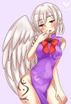  1girl aisa_(micuma) alternate_costume bare_shoulders breasts china_dress chinese_clothes contrapposto dress highres hips kishin_sagume large_breasts no_panties open_mouth pelvic_curtain red_eyes short_hair silver_hair single_wing solo tattoo thighs touhou white_hair wings 