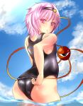  1girl adjusting_clothes adjusting_swimsuit alternate_costume arm_at_side ass bare_shoulders clouds cloudy_sky from_behind fujimori_tonkatsu hair_between_eyes hairband highres komeiji_satori looking_at_viewer old_school_swimsuit one-piece_swimsuit partially_submerged pink_eyes pink_hair pouty_lips school_swimsuit shiny shiny_clothes short_hair sky solo swimsuit third_eye touhou 