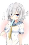  1girl blue_eyes blush breasts gloves hair_ornament hair_over_one_eye hairclip hamakaze_(kantai_collection) highres kantai_collection looking_at_viewer neckerchief pinoaisu popsicle sailor_collar school_uniform serafuku short_hair silver_hair smile solo translation_request twitter_username upper_body white_gloves 