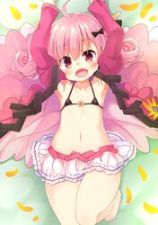  1girl :d arms_up asa_no_ha black_bow bow curly_hair daisy_(flower_knight_girl) fang flat_chest flower flower_knight_girl frills green_background hair_bow highres jacket looking_at_viewer open_mouth pink_hair pink_skirt red_eyes short_hair skirt smile solo 