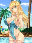  1girl absurdres adapted_costume atago_(kantai_collection) beret blonde_hair blue_sky breasts casual_one-piece_swimsuit cleavage commentary_request glass green_eyes hat highleg highleg_swimsuit highres kantai_collection large_breasts long_hair looking_at_viewer luna_(gunfire) o-ring_top one-piece_swimsuit palm_tree pool sky solo swimsuit tree 