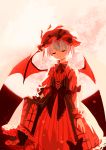  1girl alternate_costume backlighting bat_wings closed_eyes dress harrymiao hat highres mob_cap moon puffy_sleeves remilia_scarlet ribbon short_hair short_sleeves skirt_hold solo touhou wings wrist_cuffs 