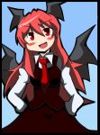  &gt;:d 1girl :d bat_wings blue_background blush breasts collared_shirt commentary_request dress_shirt gradient gradient_background hands_on_hips head_tilt head_wings koakuma long_hair long_sleeves looking_at_viewer necktie open_mouth raize red_eyes red_necktie redhead shirt sidelocks simple_background skirt skirt_set smile solo touhou very_long_hair vest white_shirt wings 