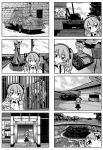  1girl 2icommentary_request 4koma bandaged_arm bandaged_ear bandaged_head boko_(girls_und_panzer) bow bowtie cage comic door explosive garden garrison_cap girls_und_panzer greyscale ground_vehicle hairband hat highres holding_doll lonely military military_hat military_uniform military_vehicle monochrome motor_vehicle otoufu photo_(object) shimada_arisu shirt side_ponytail sign skirt solo statue stuffed_animal stuffed_toy tank teddy_bear translation_request uniform v 