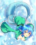  1girl ass breasts curly_hair fish_tail floating floating_breasts from_behind fujimori_tonkatsu hair_between_eyes head_fins highres japanese_clothes kimono large_breasts long_sleeves looking_at_viewer mermaid monster_girl obi sash short_hair solo touhou underwater upside-down wakasagihime wide_sleeves 