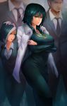  1girl blue_hair breasts coat crow_aberdeen dress fubuki_(one-punch_man) fur_coat green_eyes head_out_of_frame highres hips jewelry large_breasts matsuge_(one-punch_man) necklace one-punch_man sansetsukon_no_lily short_hair solo_focus thighs yamazaru_(one-punch_man) 